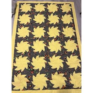Vintage Homemade Quilt Blanket 48x69 Yellow Pinwheel Star Houndstooth Grandma